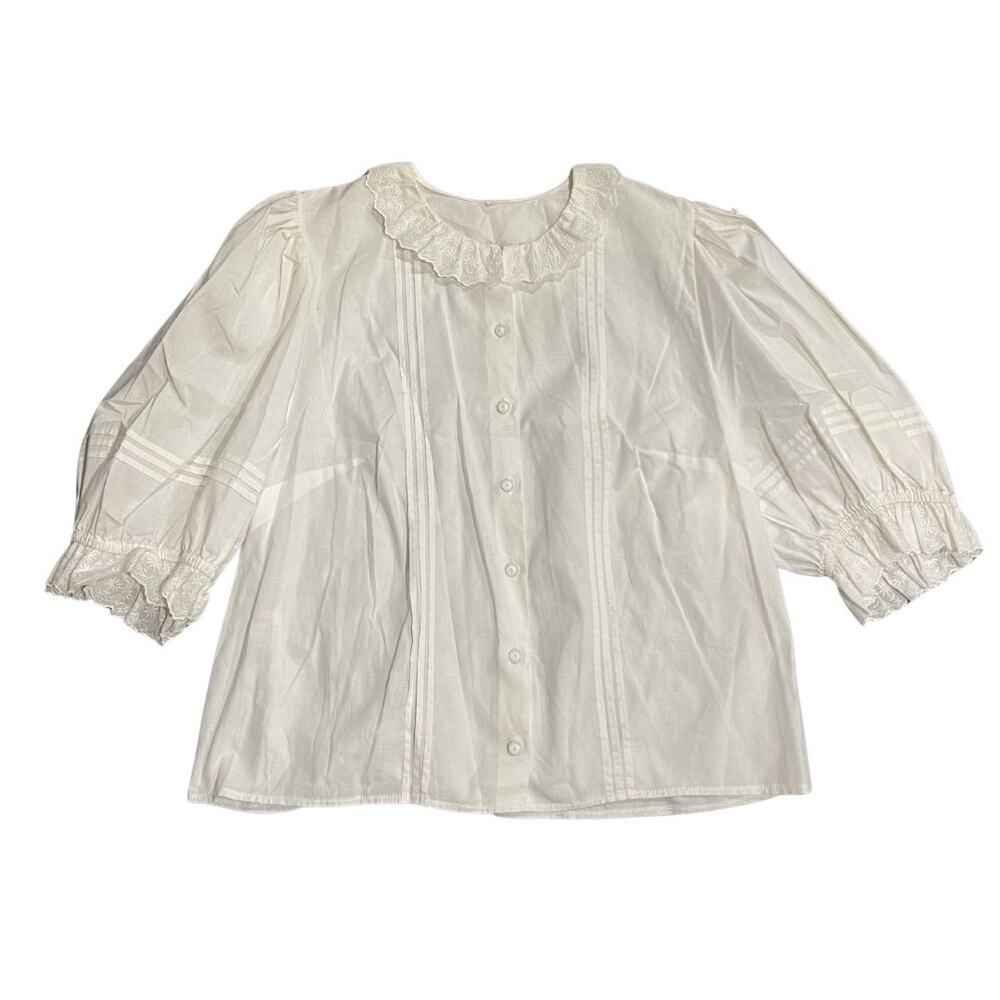 Vintage Ruffled Collar Blouse Button Front Puff Sleeve Peasant Romantic Boho